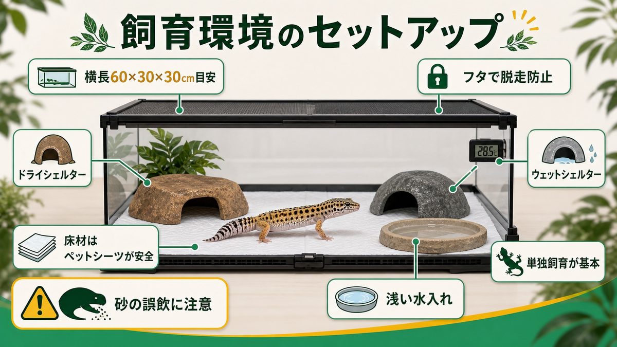 飼育環境のセットアップの要点をまとめたカメレオン・爬虫類飼育インフォグラフィック