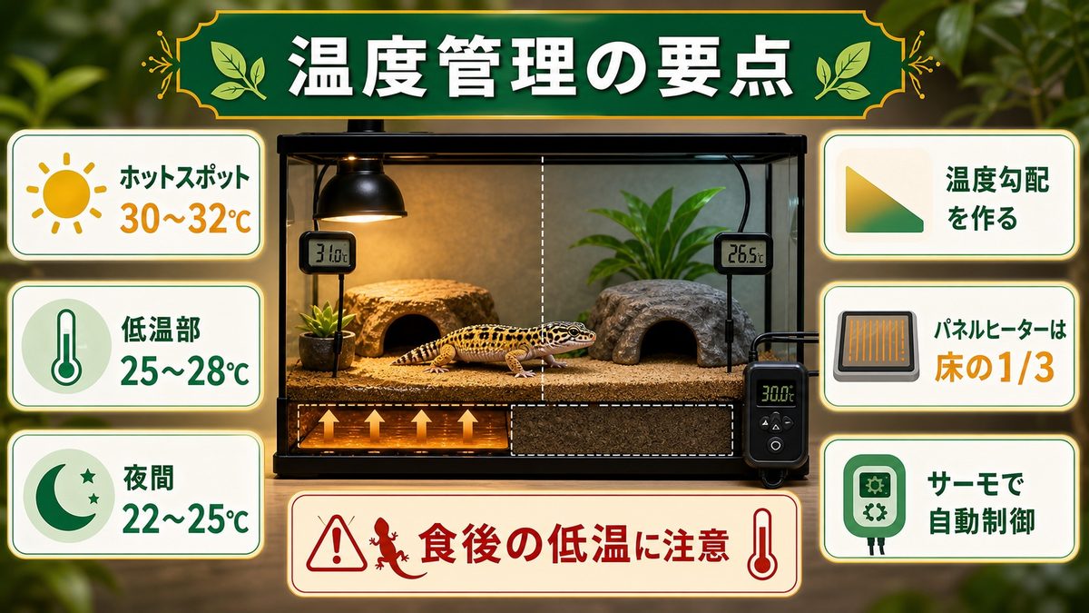 温度管理――30℃前後の温度勾配が命の要点をまとめたカメレオン・爬虫類飼育インフォグラフィック