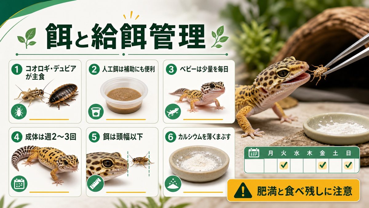 餌――昆虫メイン、人工飼料も活用の要点をまとめたカメレオン・爬虫類飼育インフォグラフィック