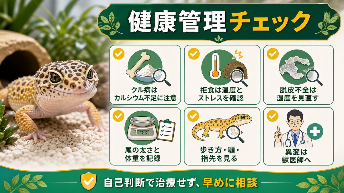 健康管理――クル病・拒食・脱皮不全に注意の要点をまとめたカメレオン・爬虫類飼育インフォグラフィック