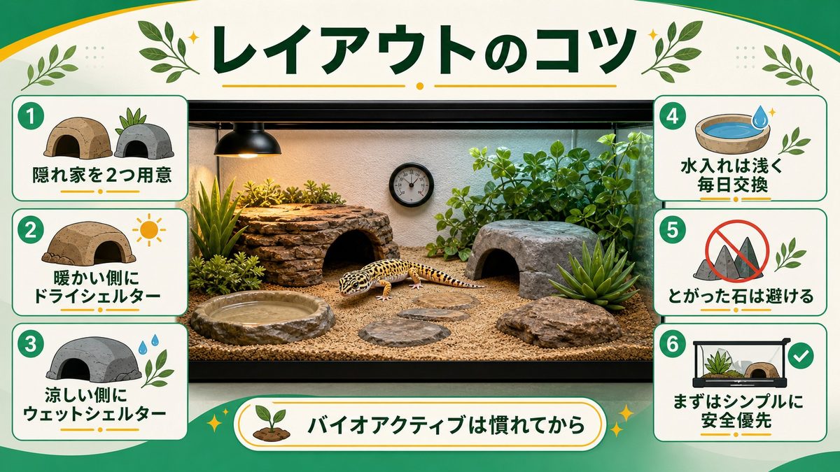 レイアウトのコツの要点をまとめたカメレオン・爬虫類飼育インフォグラフィック