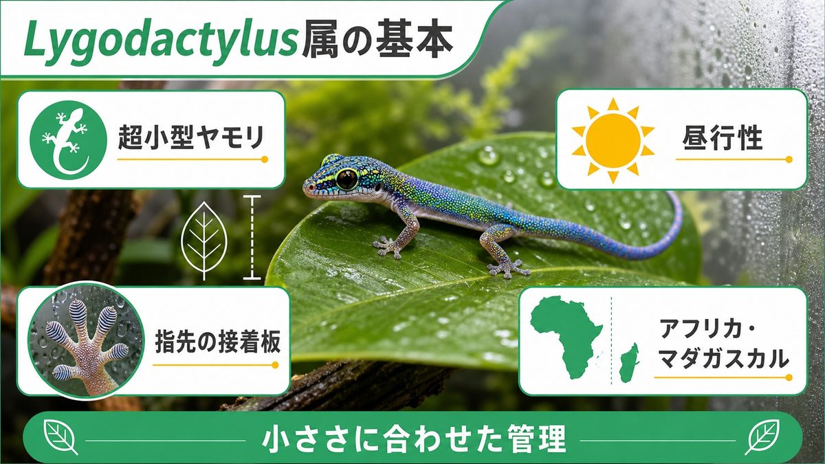 リゴダクティルス属（Lygodactylus）とはどんなヤモリ？🔍の要点をまとめたカメレオン・爬虫類飼育インフォグラフィック