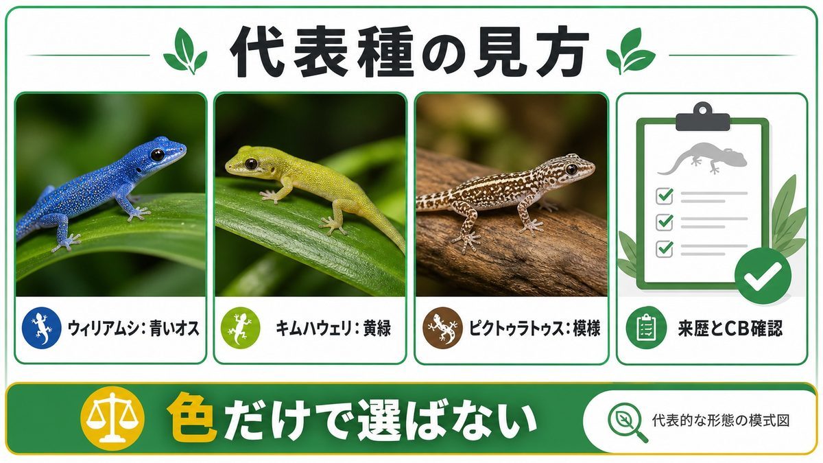 代表種の紹介と比較｜エレクトリックブルーから隠れた名種まで🌈の要点をまとめたカメレオン・爬虫類飼育インフォグラフィック