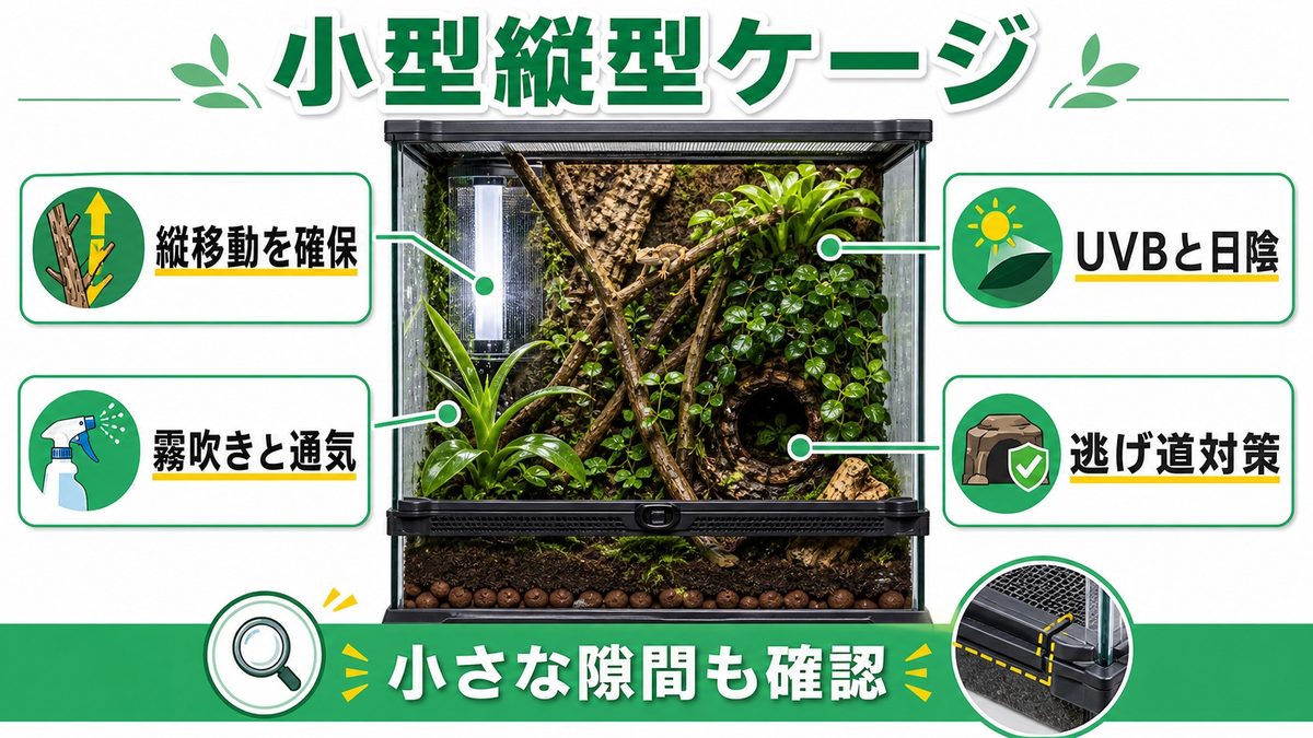 飼育環境の設定方法｜小型縦型ケージとUVBが成功の鍵🏠の要点をまとめたカメレオン・爬虫類飼育インフォグラフィック