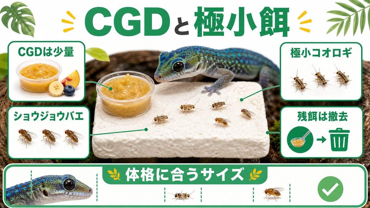 給餌と栄養管理｜CGD人工フードと極小コオロギを組み合わせて🍽️の要点をまとめたカメレオン・爬虫類飼育インフォグラフィック