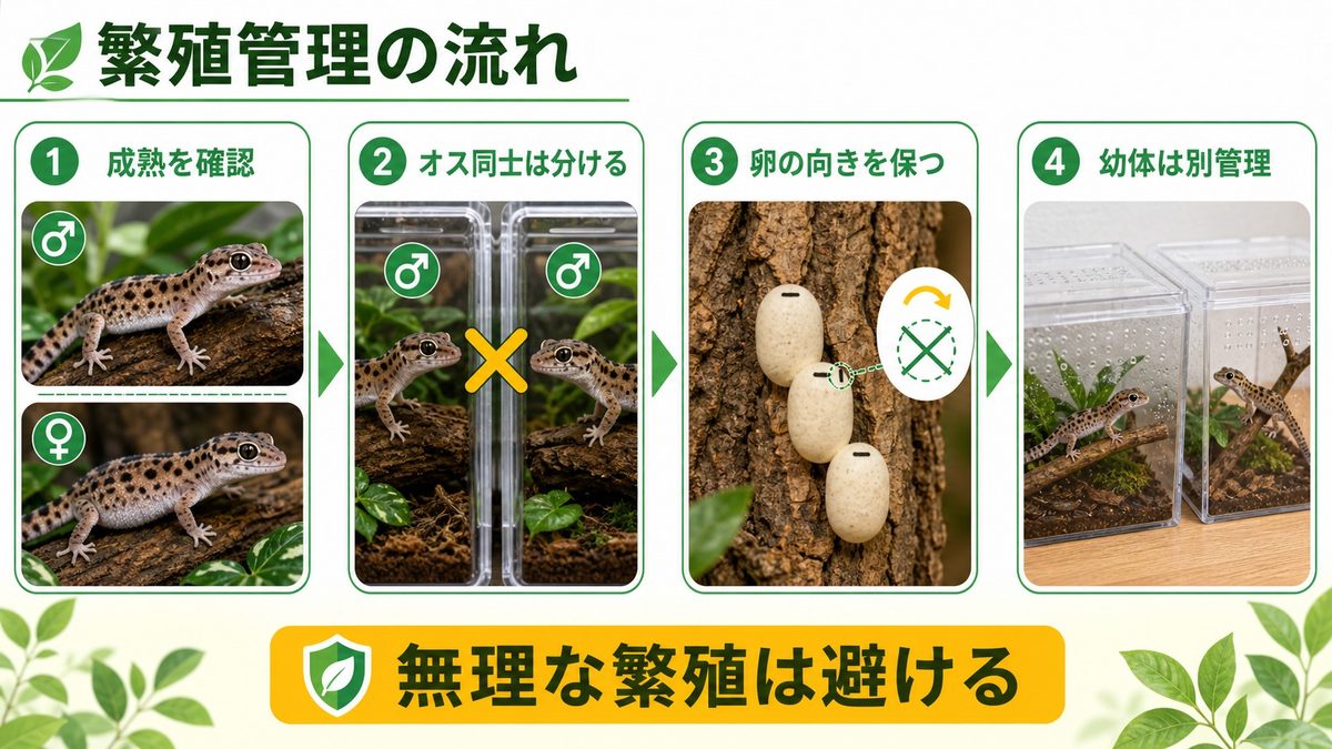繁殖にチャレンジ｜ペア管理から孵化・幼体飼育まで🥚の要点をまとめたカメレオン・爬虫類飼育インフォグラフィック