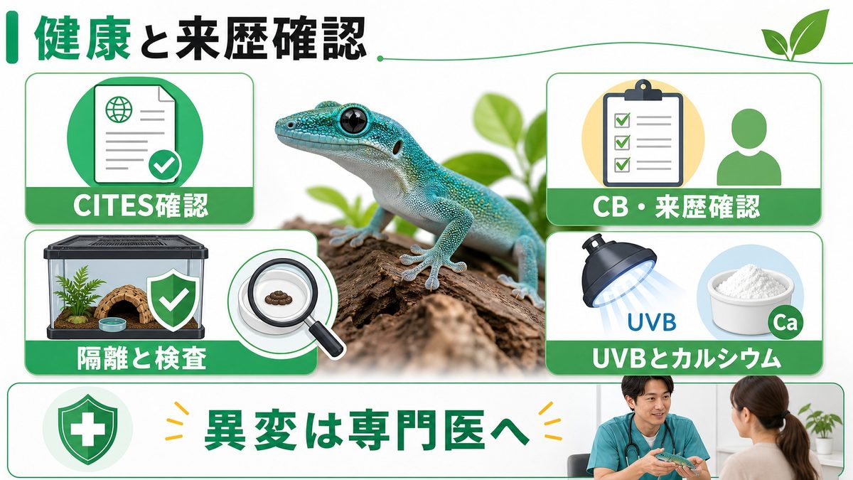 健康管理と法規制｜CITES・WC個体・クル病に注意を🏥の要点をまとめたカメレオン・爬虫類飼育インフォグラフィック
