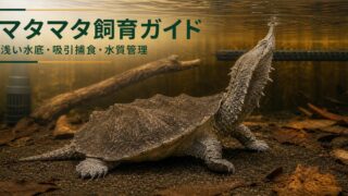 浅い水底で呼吸するマタマタと水質管理設備を示す飼育ガイドのアイキャッチ
