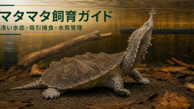 浅い水底で呼吸するマタマタと水質管理設備を示す飼育ガイドのアイキャッチ