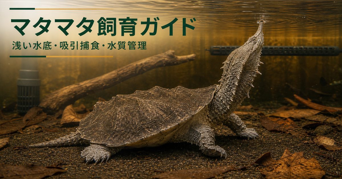 浅い水底で呼吸するマタマタと水質管理設備を示す飼育ガイドのアイキャッチ