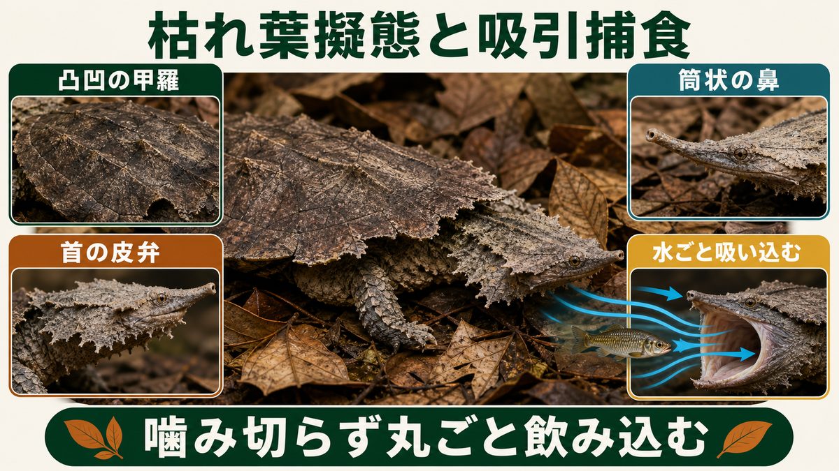 マタマタの凸凹の甲羅、首の皮弁、筒状の鼻と吸引捕食を示す図