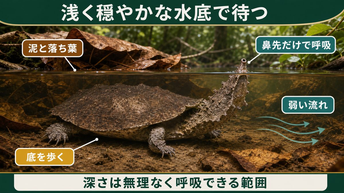 泥と落ち葉の浅い水底を歩き鼻先だけ水面に出して呼吸するマタマタ