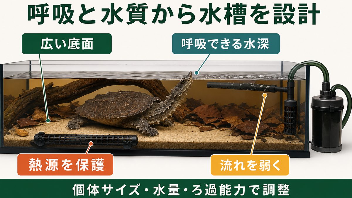 広い底面、呼吸できる水深、保護した熱源、弱い流れを備えたマタマタ水槽