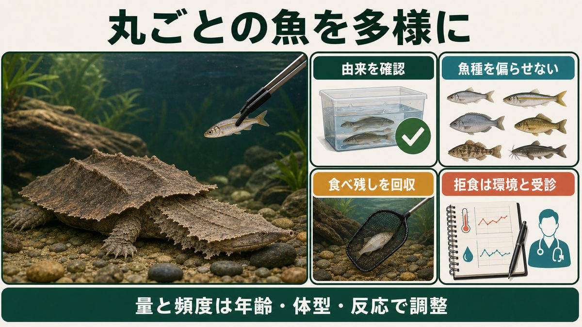 由来の確かな多様な魚、残餌回収、拒食時の環境確認を示すマタマタ給餌管理