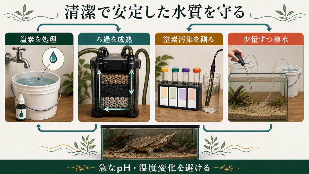 塩素処理、成熟したろ過、水質測定、少量換水によるマタマタ水槽の管理手順