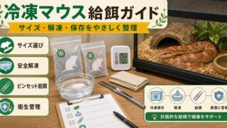 【冷凍マウスの基本から応用まで】ヘビ・爬虫類へのピンクマウス・冷凍餌給餌完全ガイド！の要点を伝えるカメレオン・爬虫類記事アイキャッチ画像