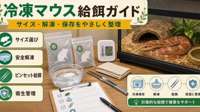 【冷凍マウスの基本から応用まで】ヘビ・爬虫類へのピンクマウス・冷凍餌給餌完全ガイド！の要点を伝えるカメレオン・爬虫類記事アイキャッチ画像