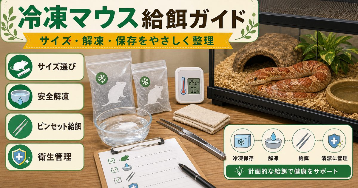 【冷凍マウスの基本から応用まで】ヘビ・爬虫類へのピンクマウス・冷凍餌給餌完全ガイド！の要点を伝えるカメレオン・爬虫類記事アイキャッチ画像