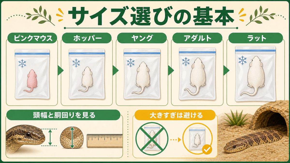 冷凍マウスとは?種類とサイズの選び方の要点をまとめたカメレオン・爬虫類飼育インフォグラフィック