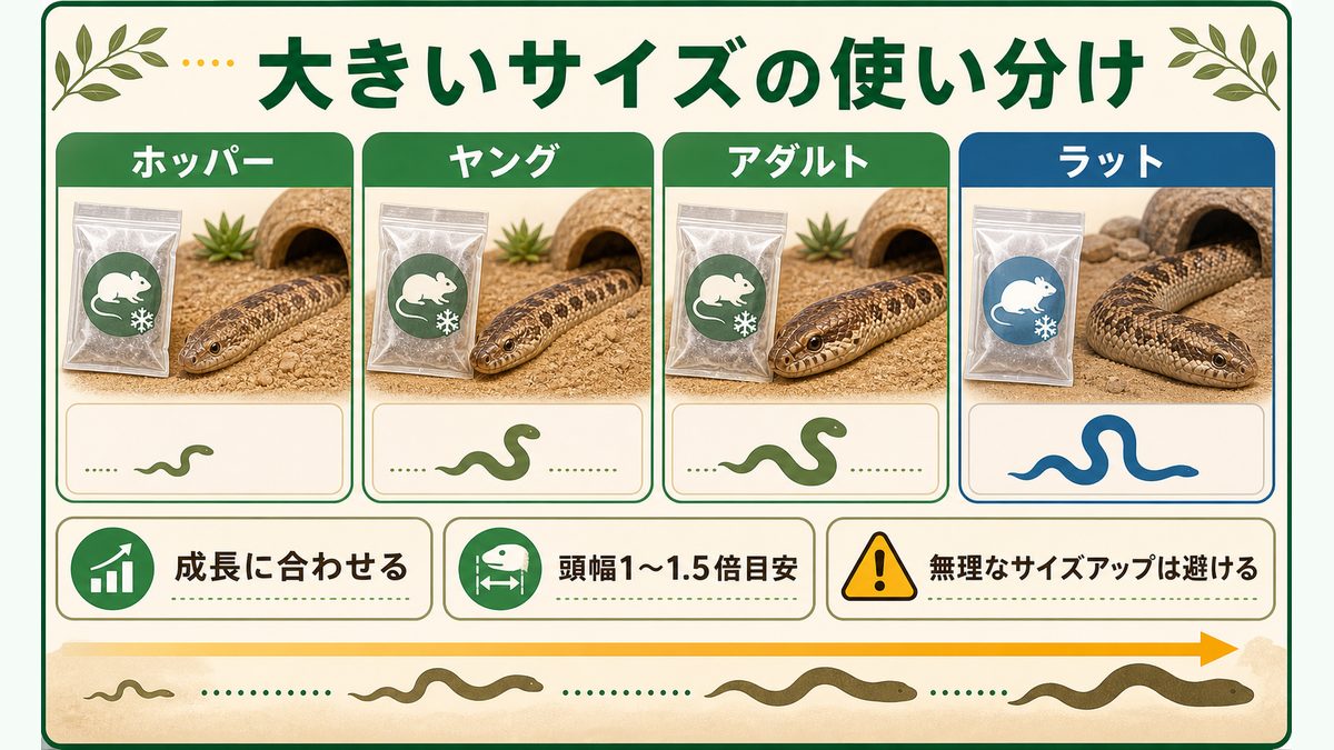 大きいサイズの使い分け(ホッパー・ヤング・アダルト)の要点をまとめたカメレオン・爬虫類飼育インフォグラフィック