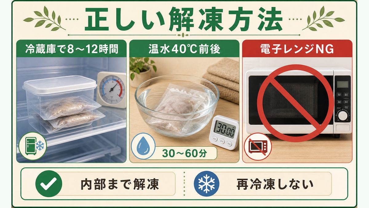 正しい解凍方法・解凍器具の要点をまとめたカメレオン・爬虫類飼育インフォグラフィック