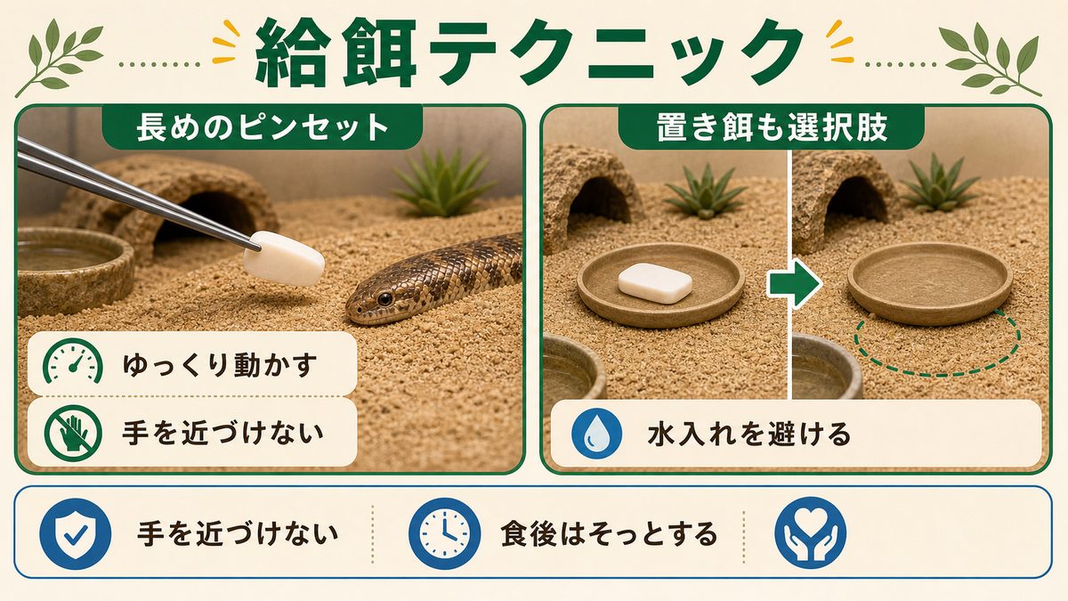 給餌ピンセットと給餌テクニックの要点をまとめたカメレオン・爬虫類飼育インフォグラフィック