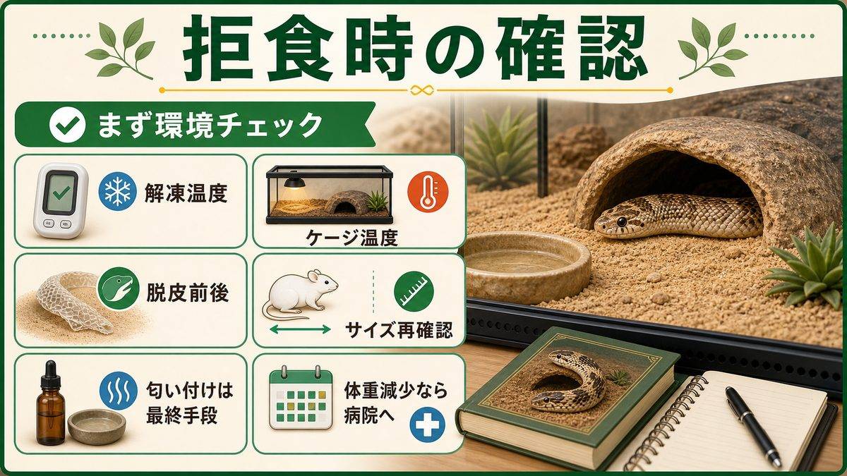 拒食時の対処法と飼育書の要点をまとめたカメレオン・爬虫類飼育インフォグラフィック