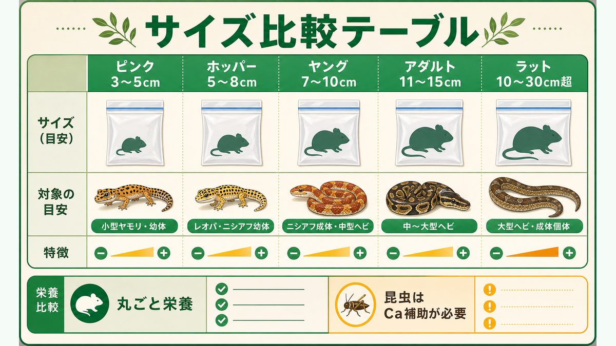 冷凍マウスのサイズ比較テーブルの要点をまとめたカメレオン・爬虫類飼育インフォグラフィック