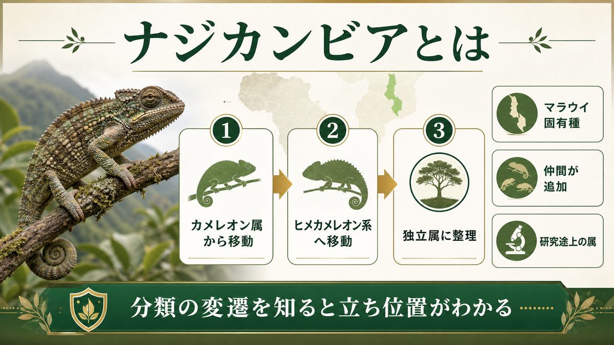 ナジカンビア(Nadzikambia)とは|発見と分類の物語の要点をまとめたカメレオン・爬虫類飼育インフォグラフィック