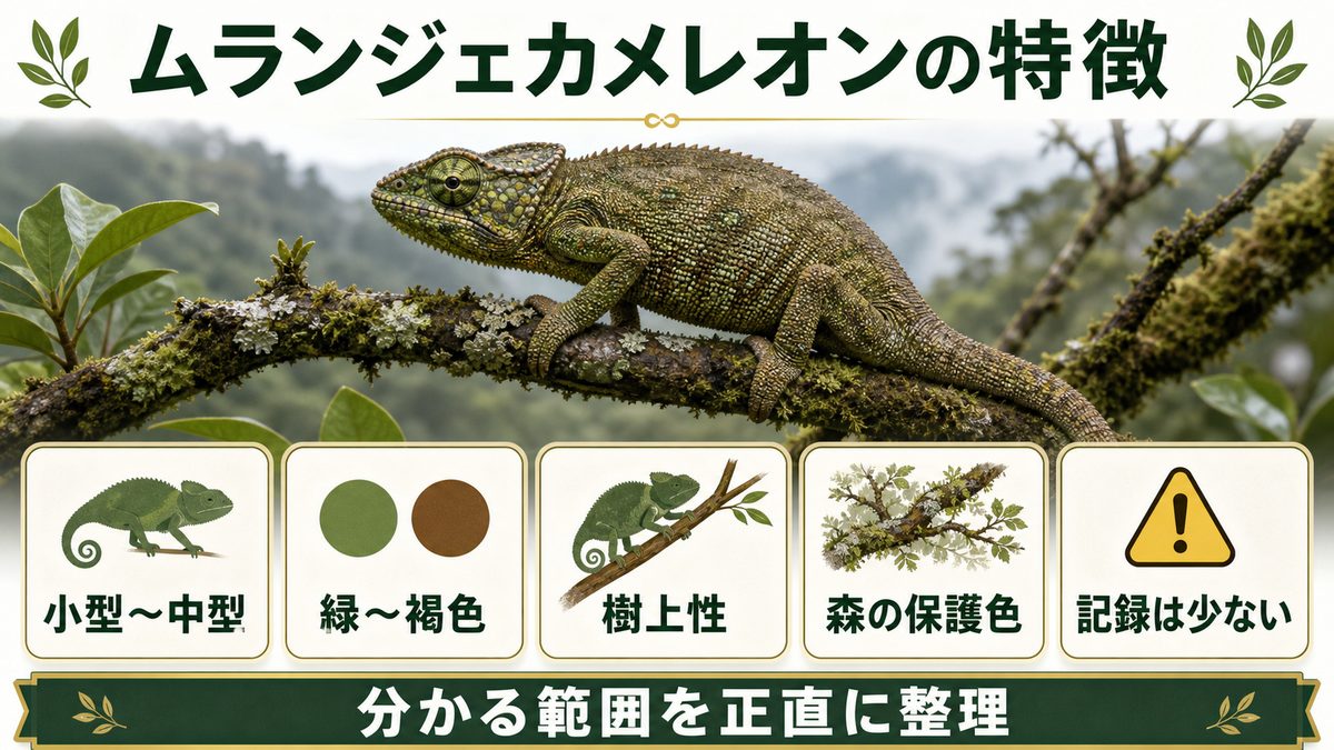 ムランジェカメレオン(N. mlanjensis)の特徴と外見の要点をまとめたカメレオン・爬虫類飼育インフォグラフィック