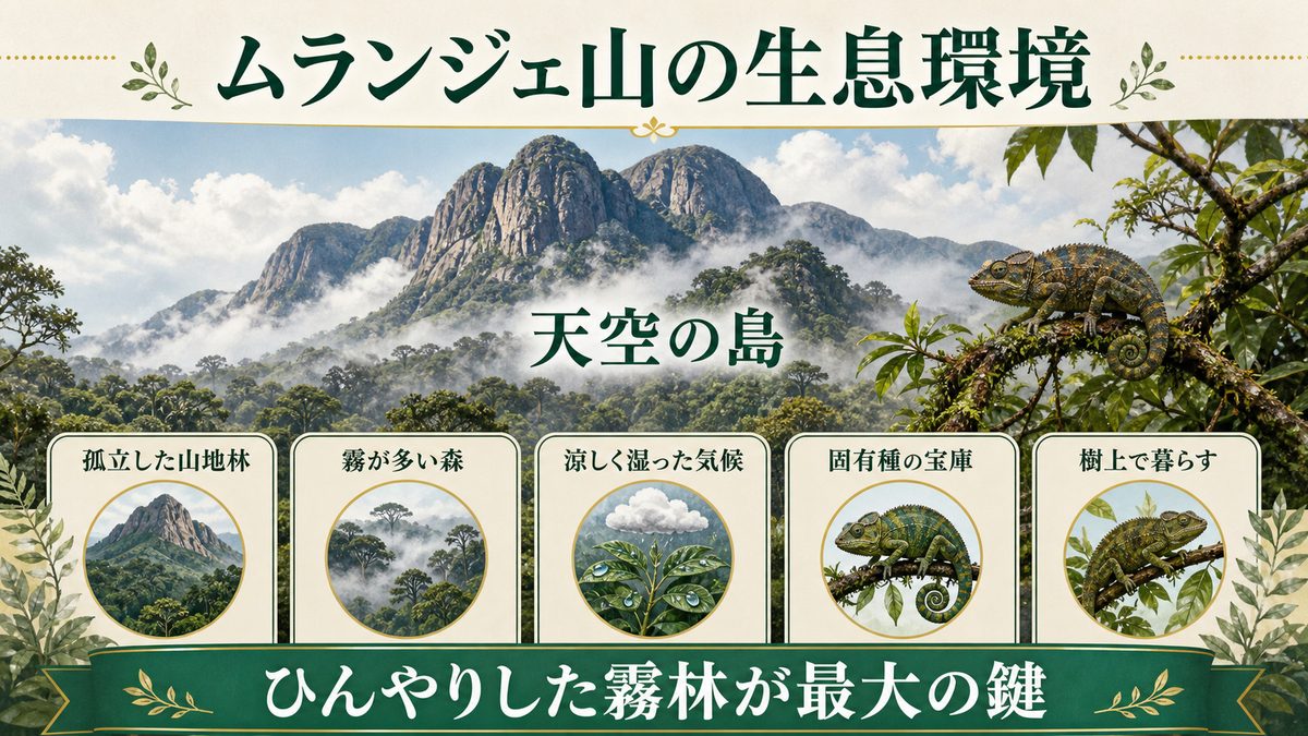 マラウイ・ムランジェ山の生態と生息環境の要点をまとめたカメレオン・爬虫類飼育インフォグラフィック