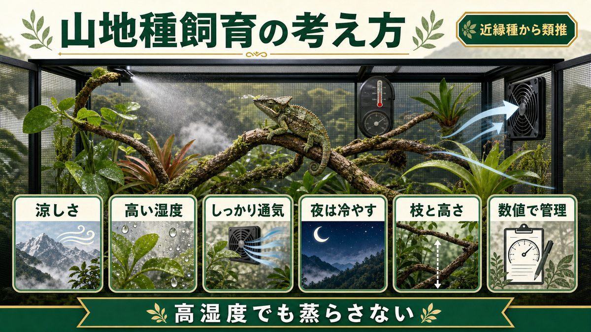 飼育環境の考え方|近縁の山地種から類推するの要点をまとめたカメレオン・爬虫類飼育インフォグラフィック