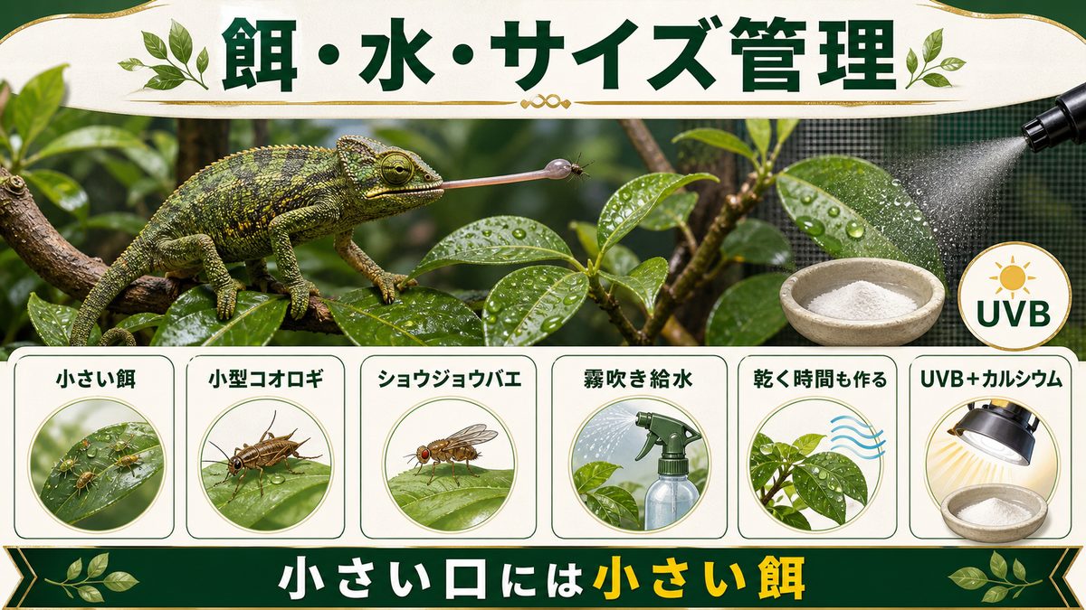 餌・水・サイズに合わせた管理の考え方の要点をまとめたカメレオン・爬虫類飼育インフォグラフィック