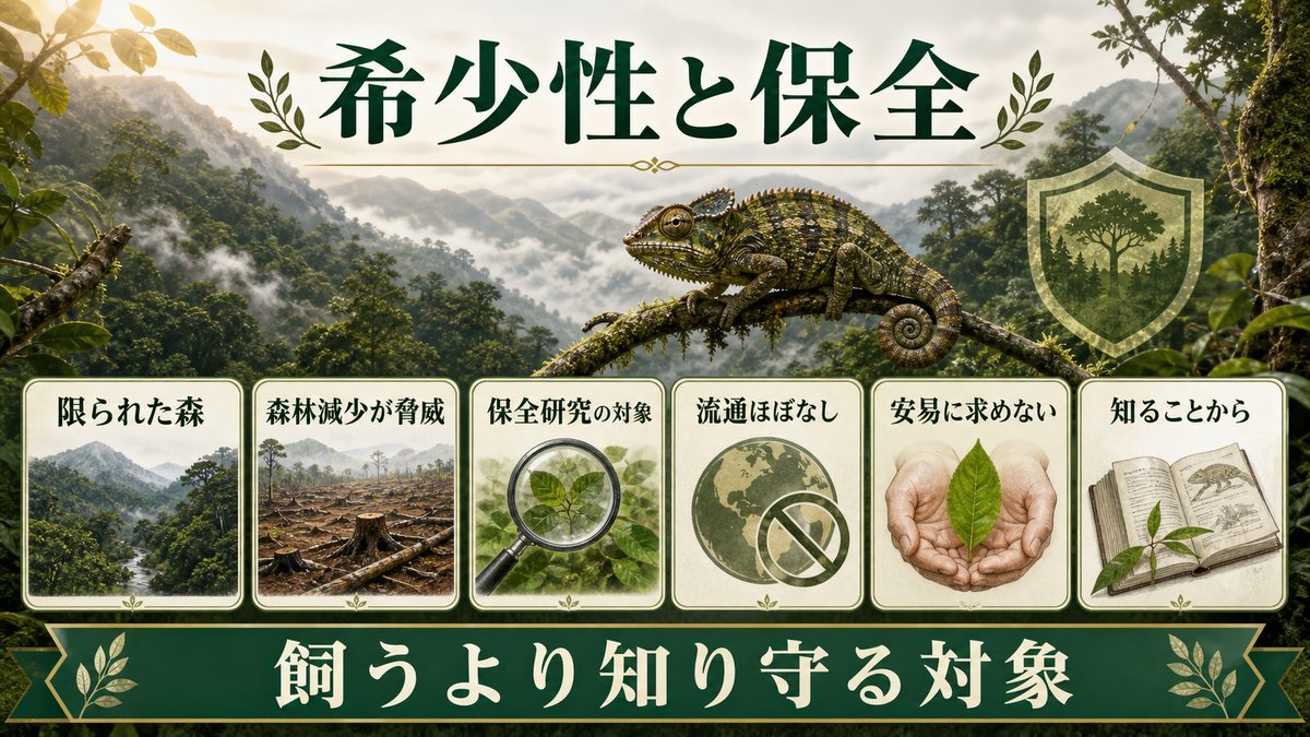希少性・保全・迎える前に知っておきたいことの要点をまとめたカメレオン・爬虫類飼育インフォグラフィック