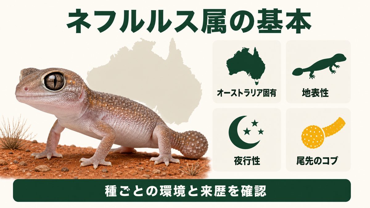 ネフルルス属の基本としてオーストラリア固有・地表性・夜行性・尾先のコブを示す図