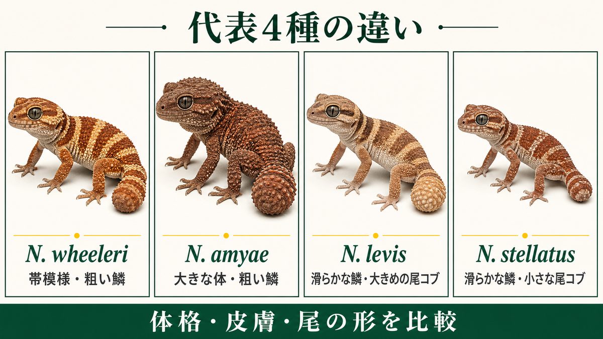 ネフルルス属の代表4種wheeleri・amyae・levis・stellatusの体格・鱗・尾コブを比較した図