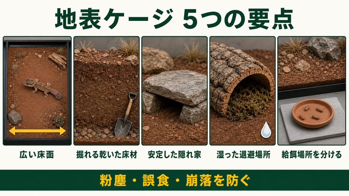 ネフルルス属の地表ケージで広い床面・床材・隠れ家・湿った退避場所・給餌場所を示す図