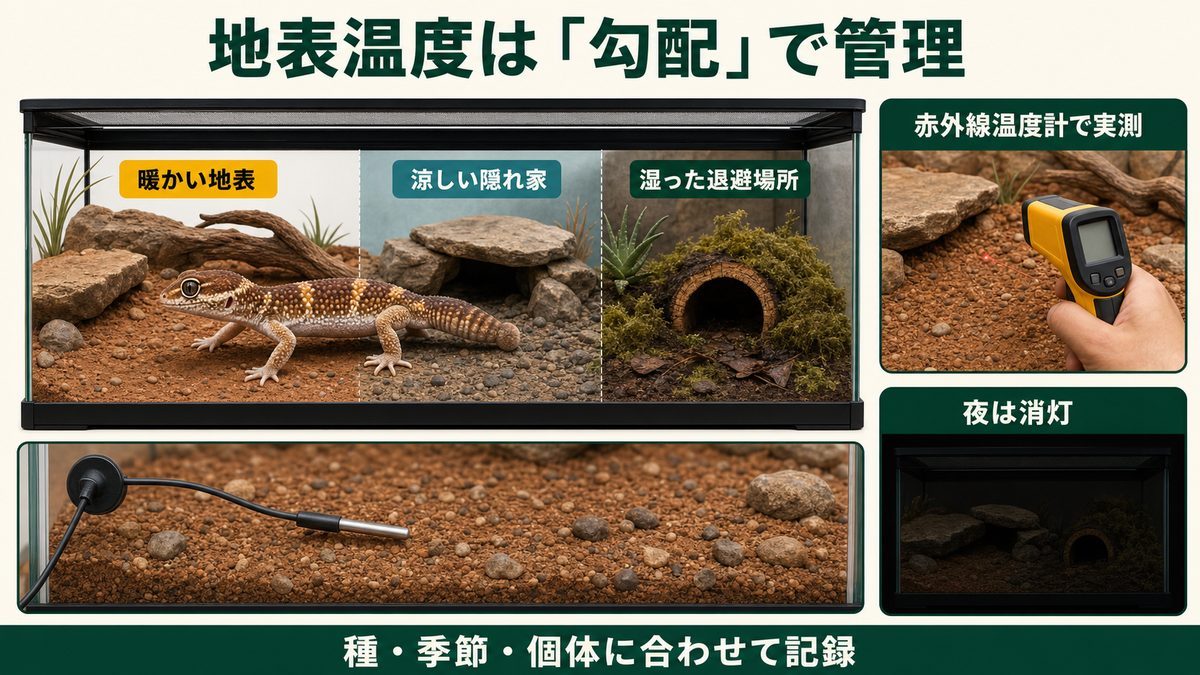 ネフルルス属の地表温度勾配・実測・夜間消灯を示す飼育図