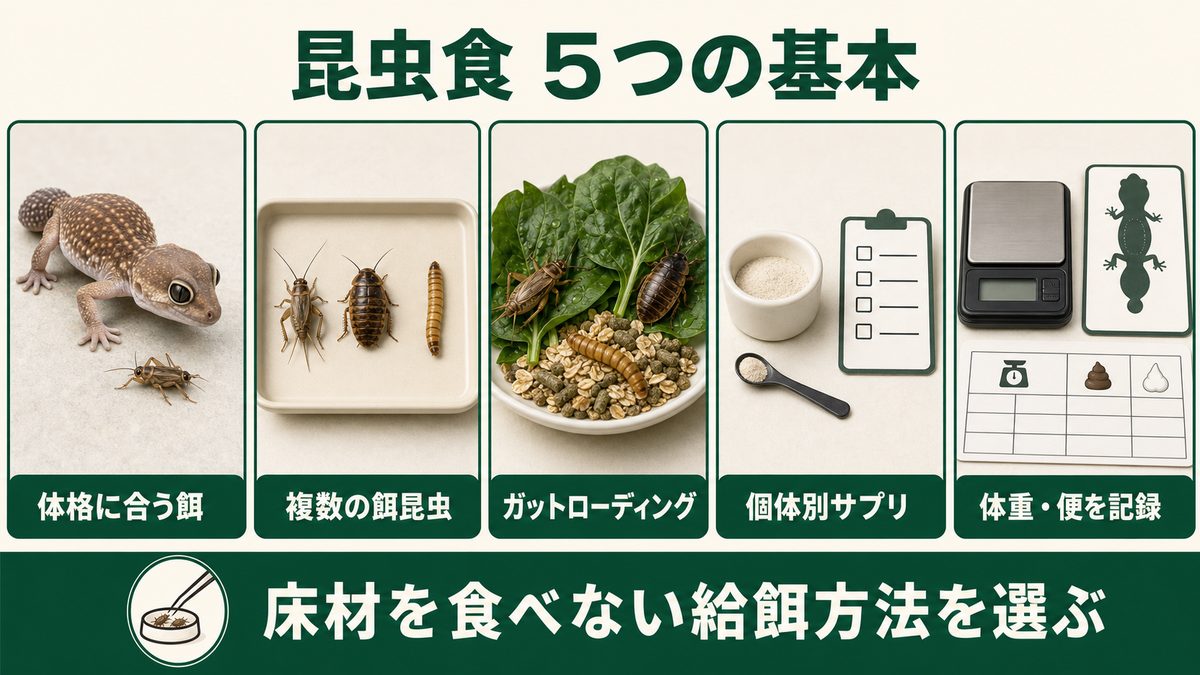 ネフルルス属の昆虫食で餌サイズ・多様性・ガットローディング・サプリ・記録を示す図