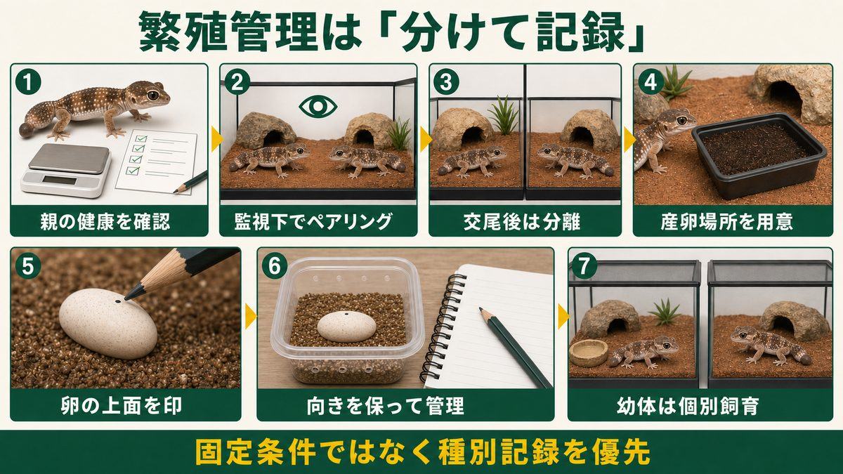 ネフルルス属の繁殖で親の健康確認から卵の向き維持・幼体の個別飼育までを示す図
