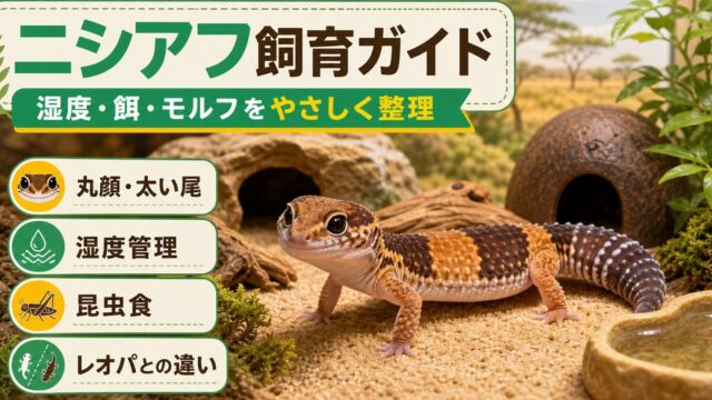【レオパの兄弟】ニシアフリカトカゲモドキ（ニシアフ）の飼い方完全ガイド！値段・寿命・モルフの要点を伝えるカメレオン・爬虫類記事アイキャッチ画像