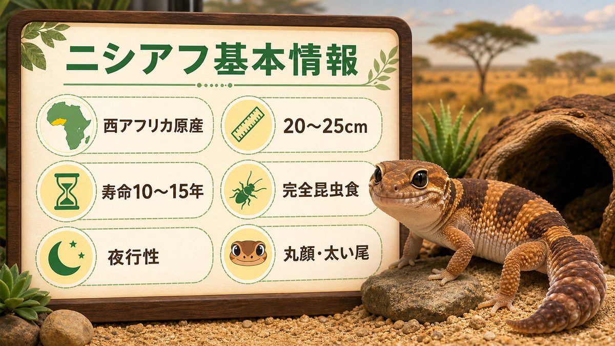 ニシアフリカトカゲモドキの基本情報の要点をまとめたカメレオン・爬虫類飼育インフォグラフィック