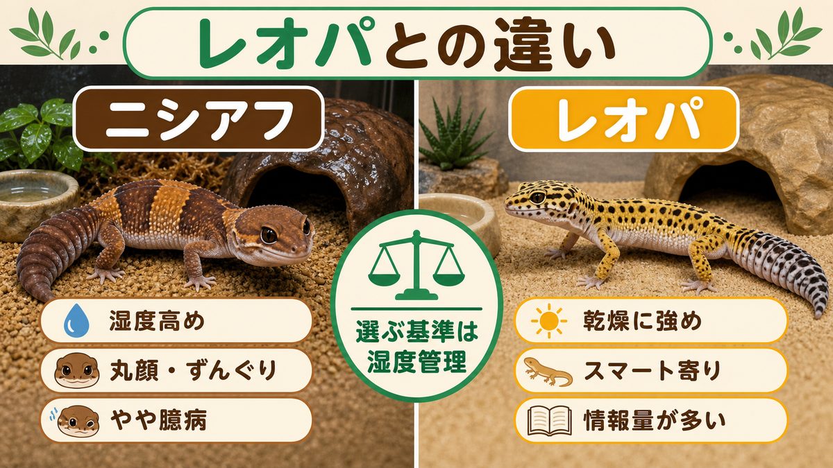 レオパとの違いを徹底比較の要点をまとめたカメレオン・爬虫類飼育インフォグラフィック
