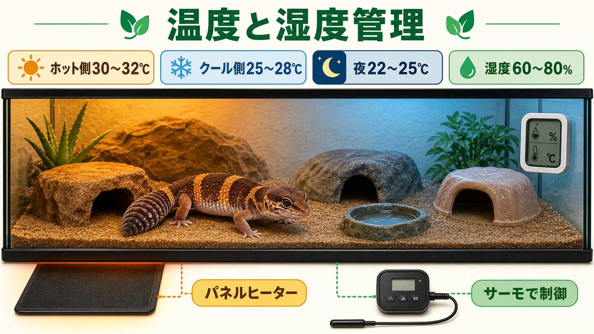 温度管理と保温器具の要点をまとめたカメレオン・爬虫類飼育インフォグラフィック