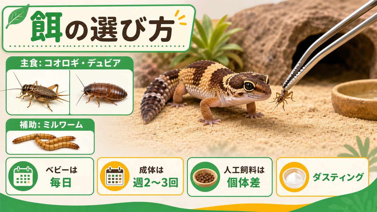 餌の選び方と与え方の要点をまとめたカメレオン・爬虫類飼育インフォグラフィック