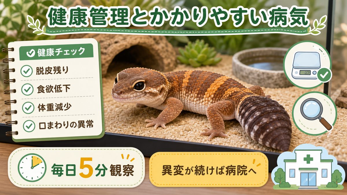 健康管理とかかりやすい病気の要点をまとめたカメレオン・爬虫類飼育インフォグラフィック