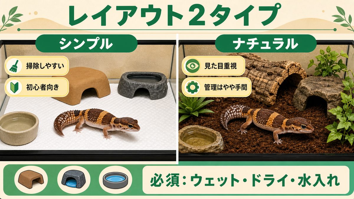 レイアウトのおすすめパターンの要点をまとめたカメレオン・爬虫類飼育インフォグラフィック