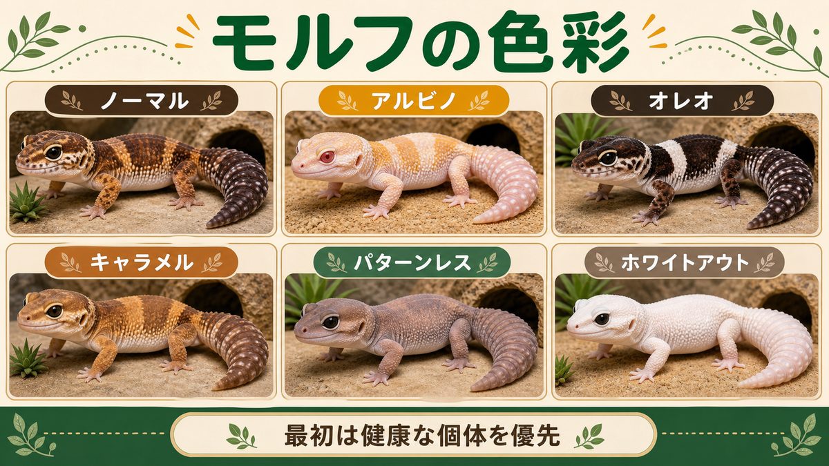 モルフ紹介〜ニシアフの色彩の世界〜の要点をまとめたカメレオン・爬虫類飼育インフォグラフィック