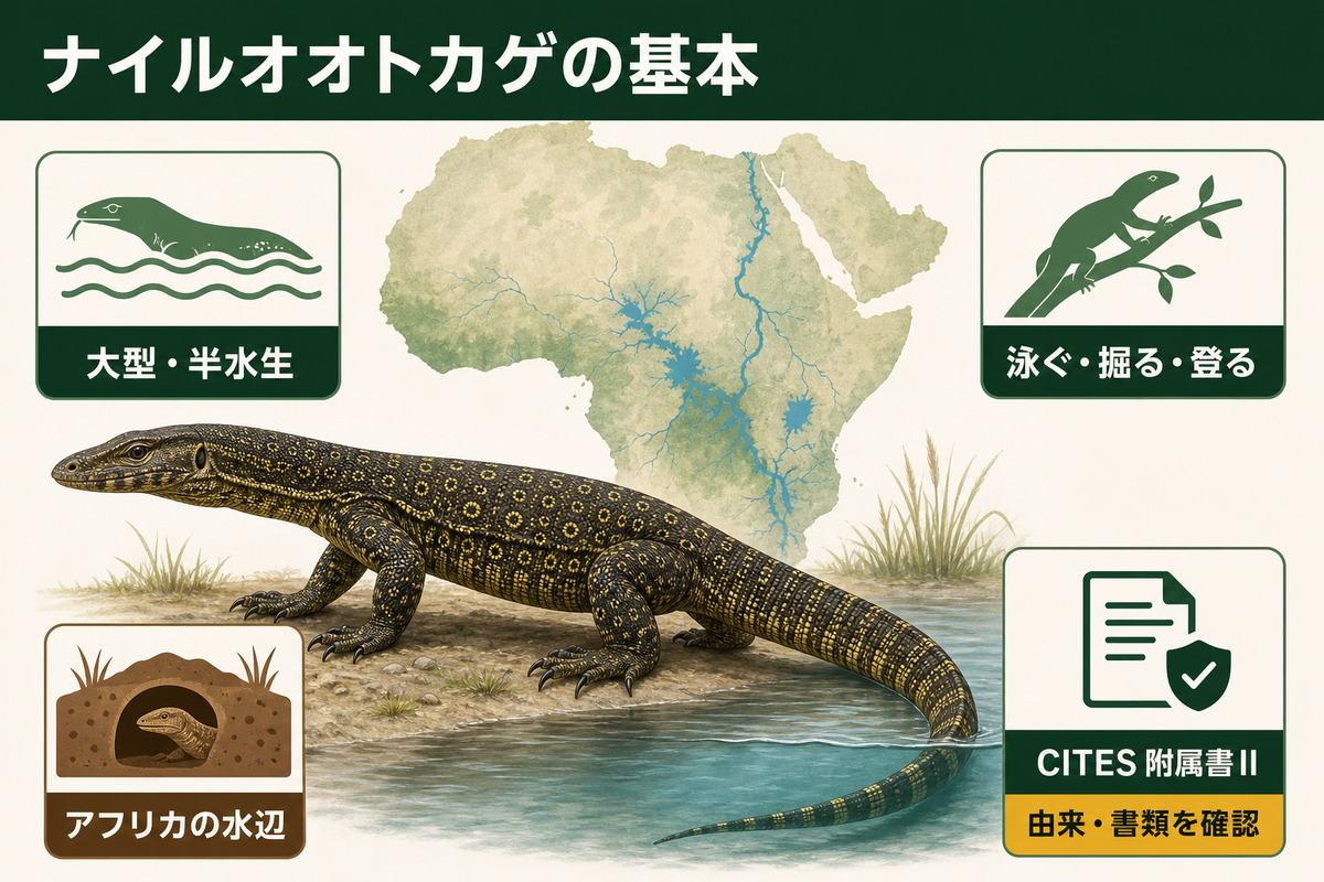 ナイルオオトカゲがアフリカの水辺に暮らす大型・半水生種でCITES附属書IIであることを示すIMAGE2図解