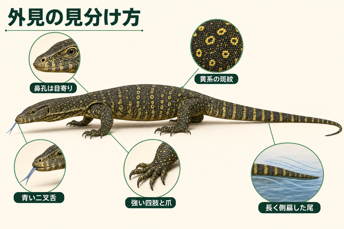 ナイルオオトカゲの黄系斑紋、青い二叉舌、目寄りの鼻孔、側扁した長い尾、強い四肢と爪を示すIMAGE2図解